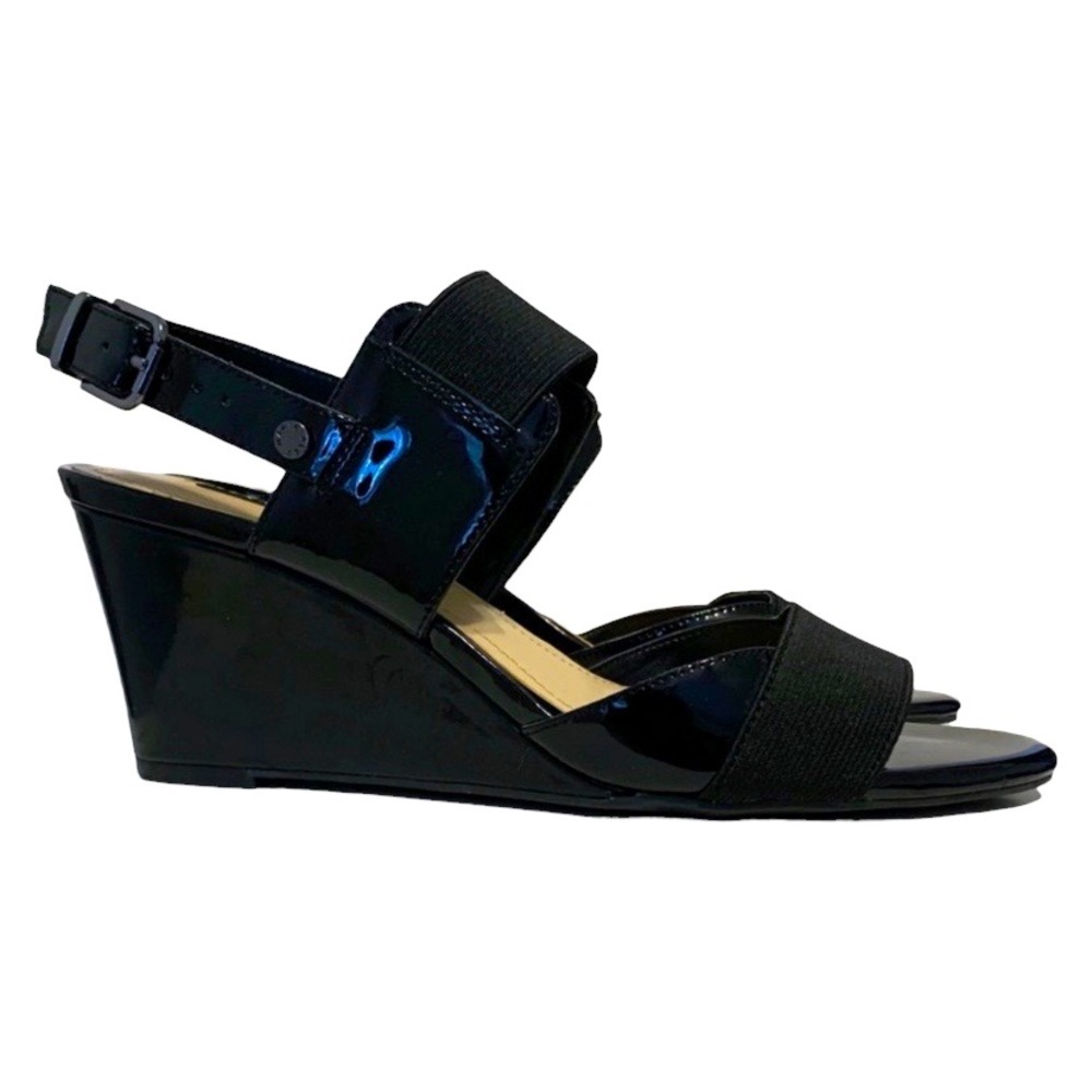 Alex Marie | Size 8.5M | Black Wedge Sandals Open-toe Heels Ankle Strap, Elastic